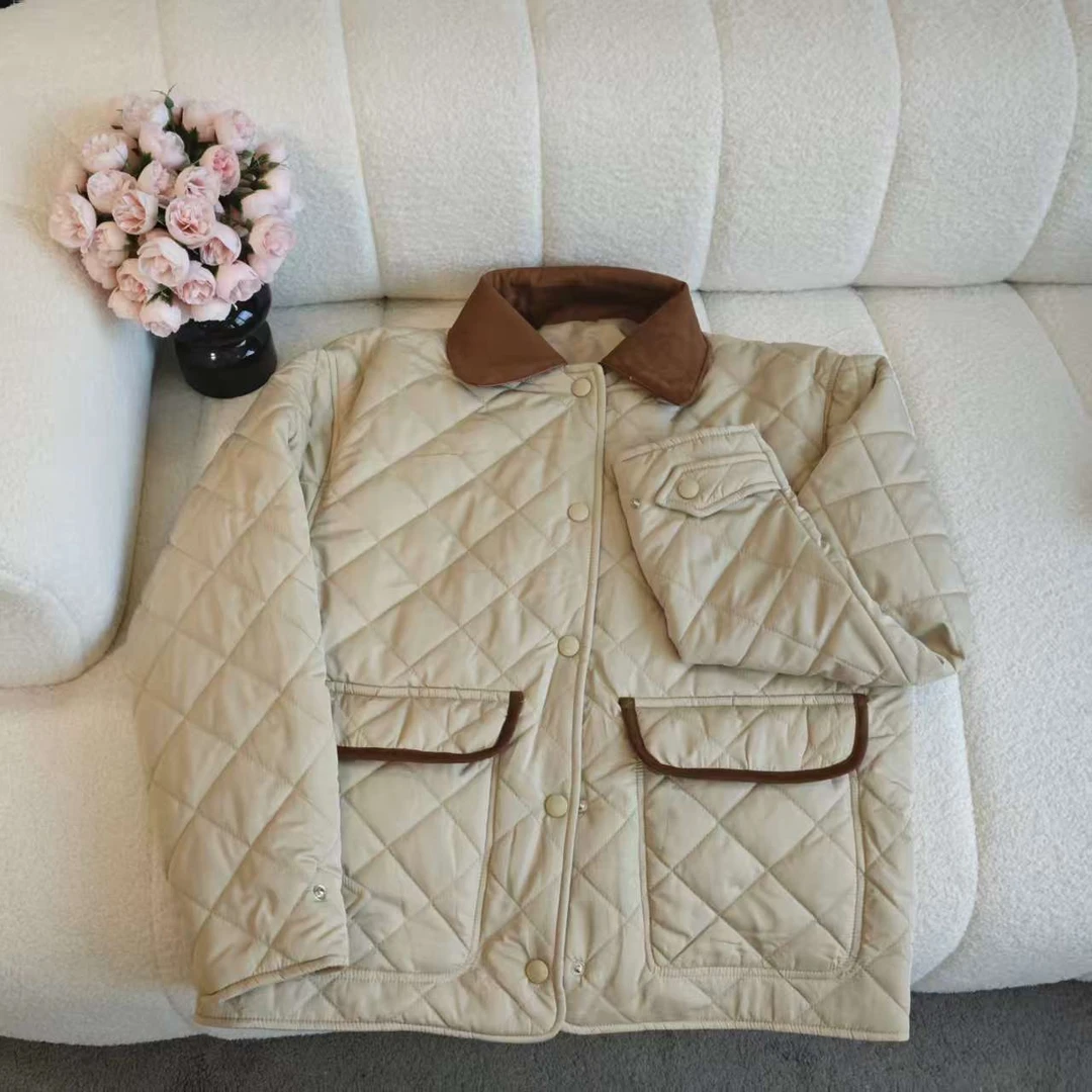 5906翻领拼接菱格夹克棉服翻领长袖保暖棉服外套