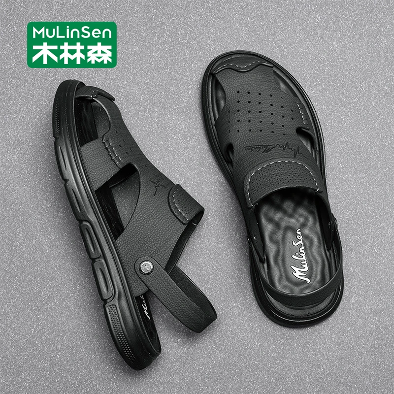 木林森包头拖男款2025新款夏季外穿皮凉鞋防滑耐磨软底男士洞洞鞋