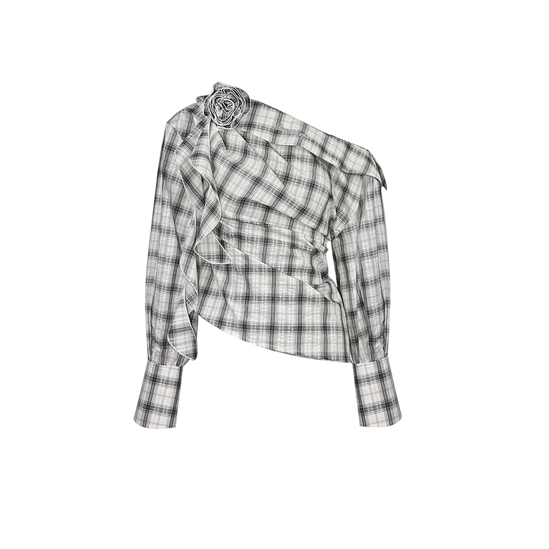 姜穹 格子斜肩飘带玫瑰花斜下摆长袖衬衫 35310890A