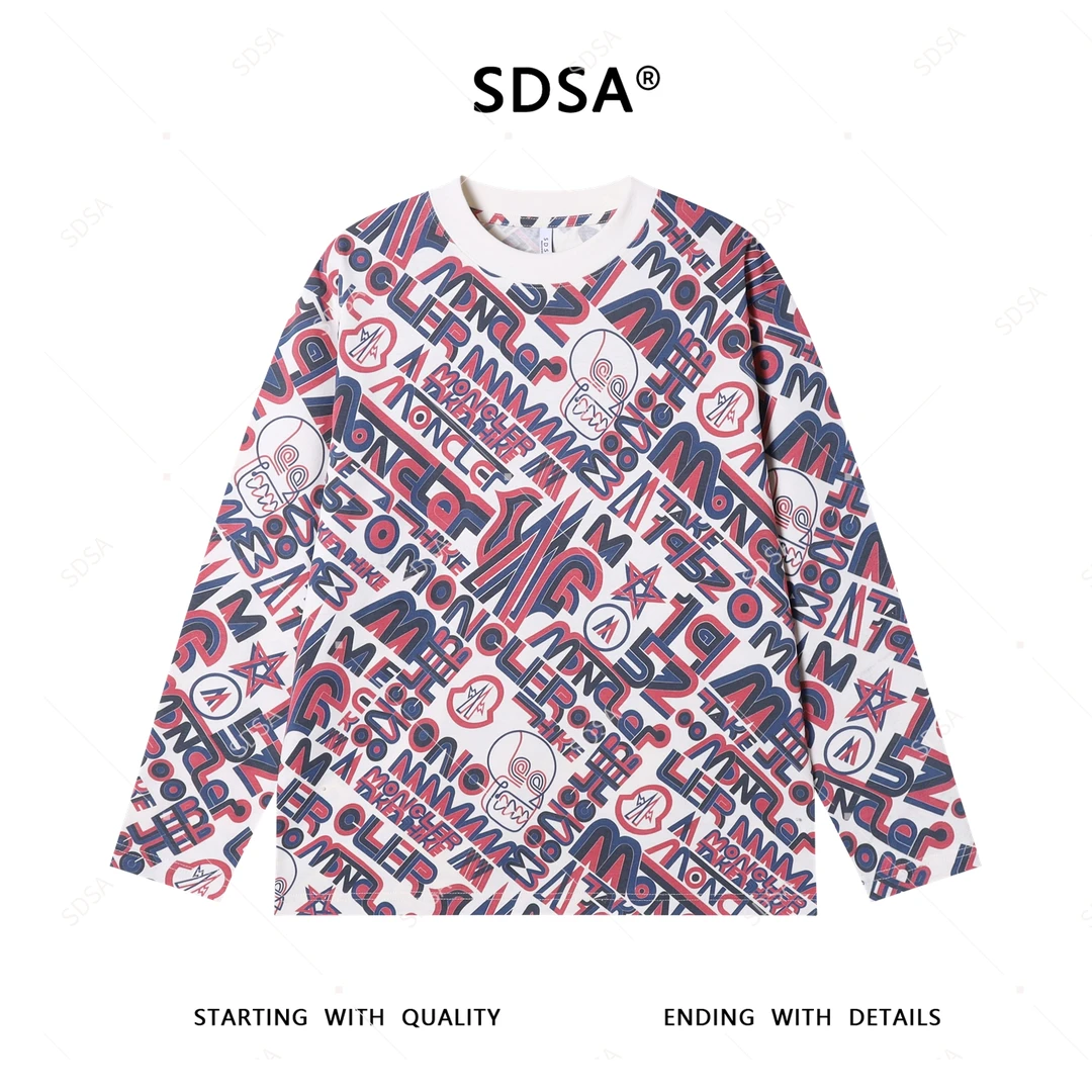 SDSA男士秋冬新款轻奢痞帅男装美式满印字母圆领长袖T恤撞色百搭