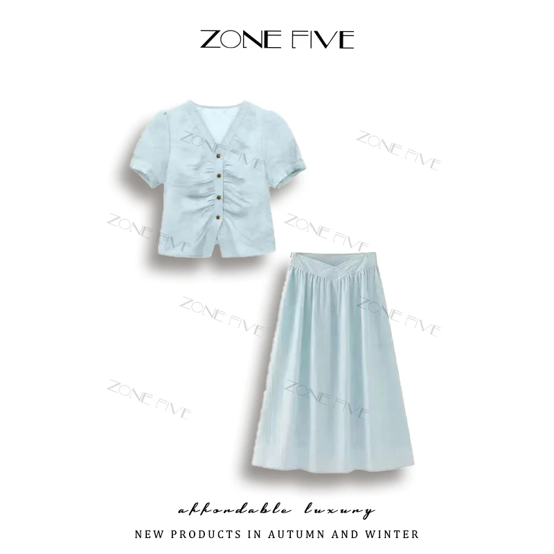 【zonefive】珩绣减龄淑女短袖显瘦半身裙气质夏套装2988+252603