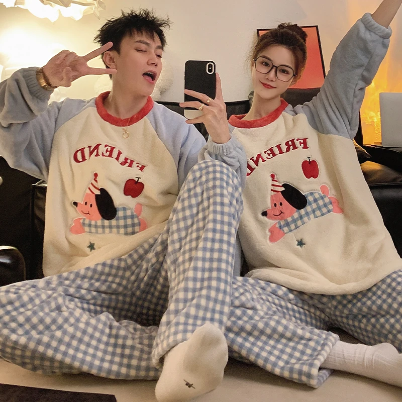 芯语婷秋冬季新款蓝格腊肠狗情侣睡衣男女士法兰绒长袖卡通家居服