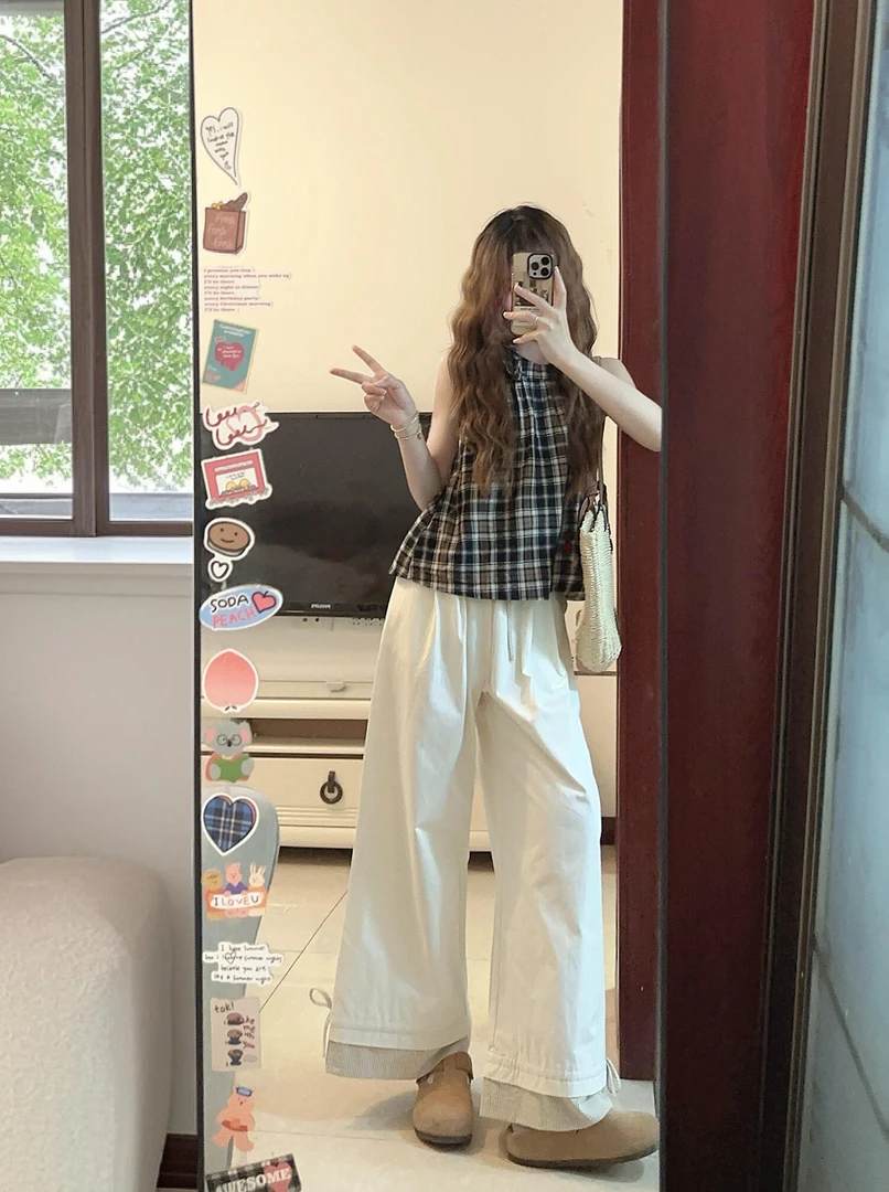 【梧桐树下】韩系复古设计港风慵懒风时尚套装格子吊带上衣白色长裤
