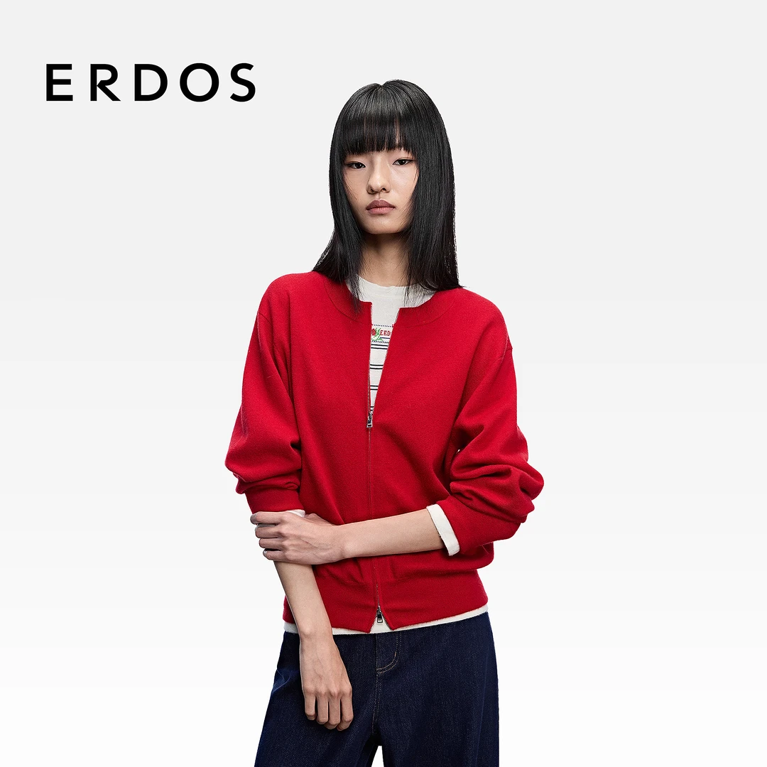 ERDOS 正红色四平空转山羊绒棒球夹克外套【蝶舞花飞】春新品