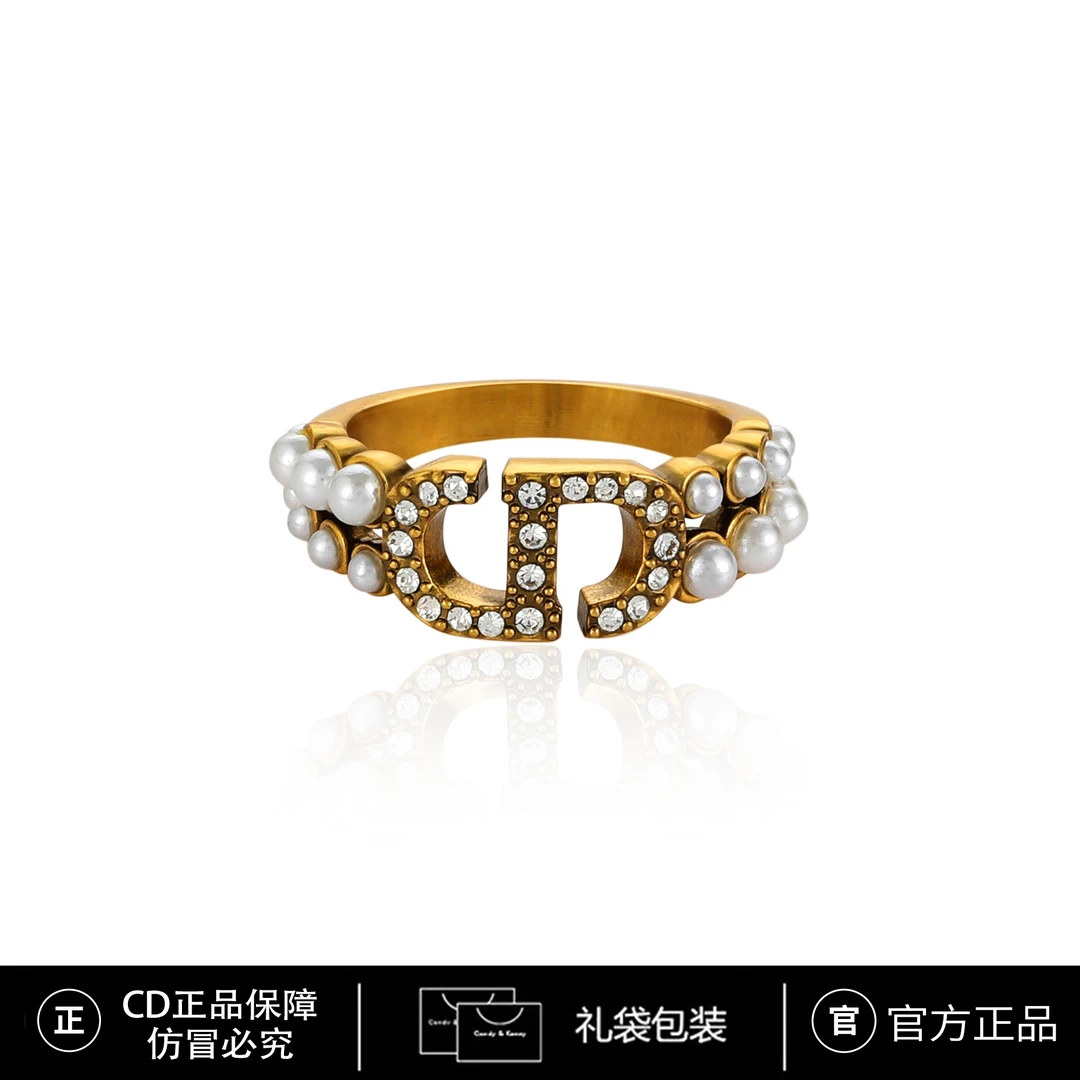 铜合金仿珍珠戒指 CNC精工 锆石 CD气质轻奢戒指 4449