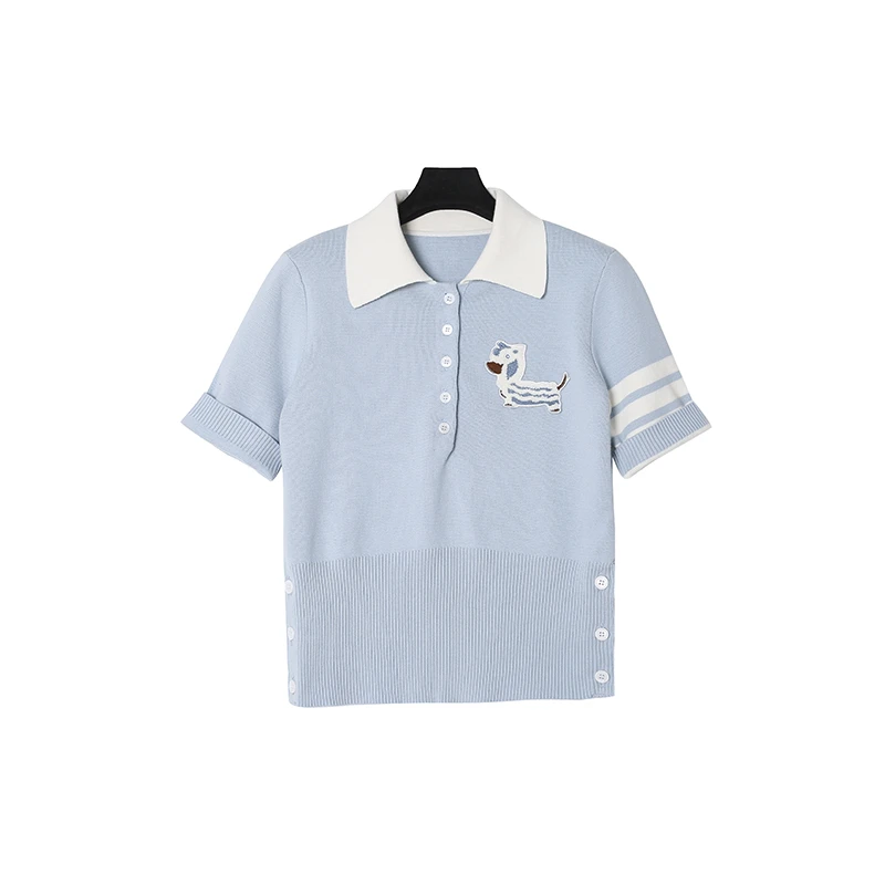 小狗刺绣polo领短袖上衣学院风T恤针织衫22096
