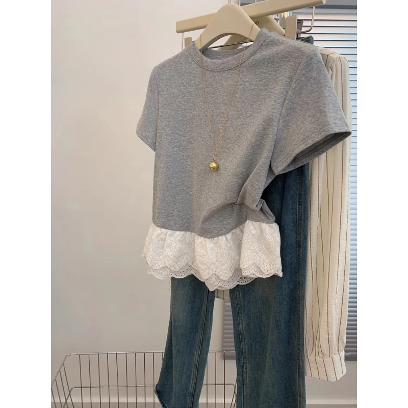 灰色短袖t恤女士设计感小个子正肩直筒显瘦短款上衣蕾丝下摆内搭