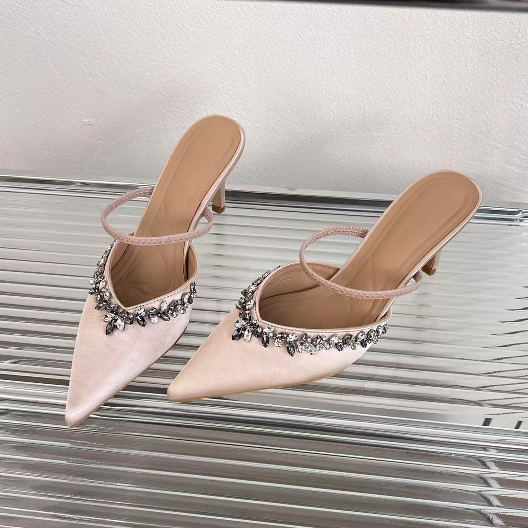 2025新款尖头水钻高跟细跟香槟色两穿一字带凉鞋半拖凉拖鞋外穿女