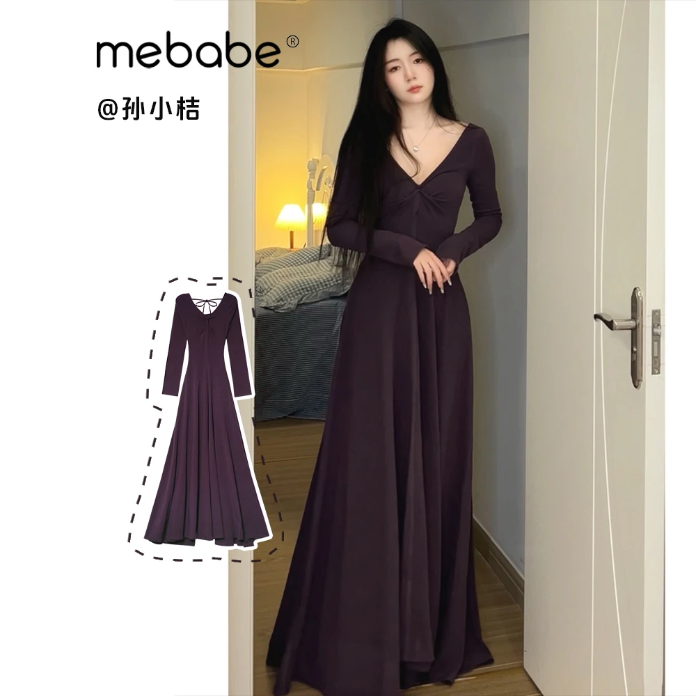 【孙小桔】《雾隐》多裁片长袖v领显瘦针织长款连衣裙女24DK6052