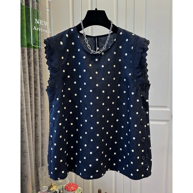 01095独特苎麻波点木耳蕾丝边小飞袖衬衫女上衣减龄气质背心夏季