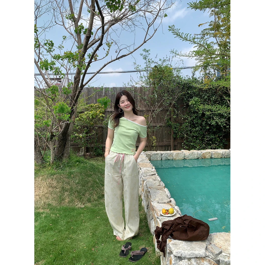 火火火【夏日简讯】韩版抽绳休闲慵懒条纹阔腿裤K32563HH52