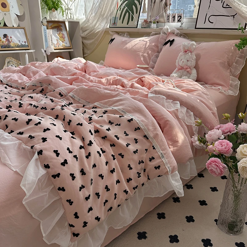 法式粉色双层纱夏凉被夏被四件套女可水洗空调被双人花边被子薄款
