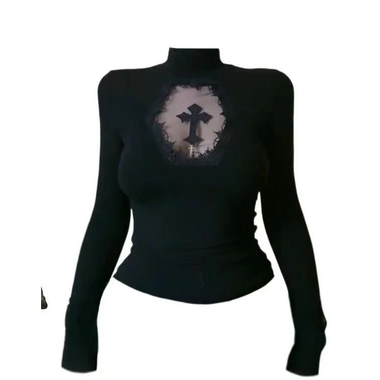 小富婆家魅惑正肩网纱镂空T恤秋冬新款修身显瘦y2k亚比风上衣