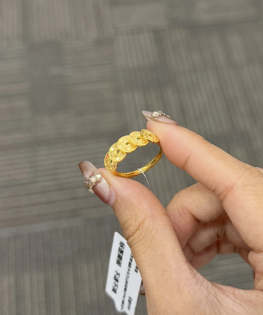 足金999 碎冰五帝钱开口戒指 3.4