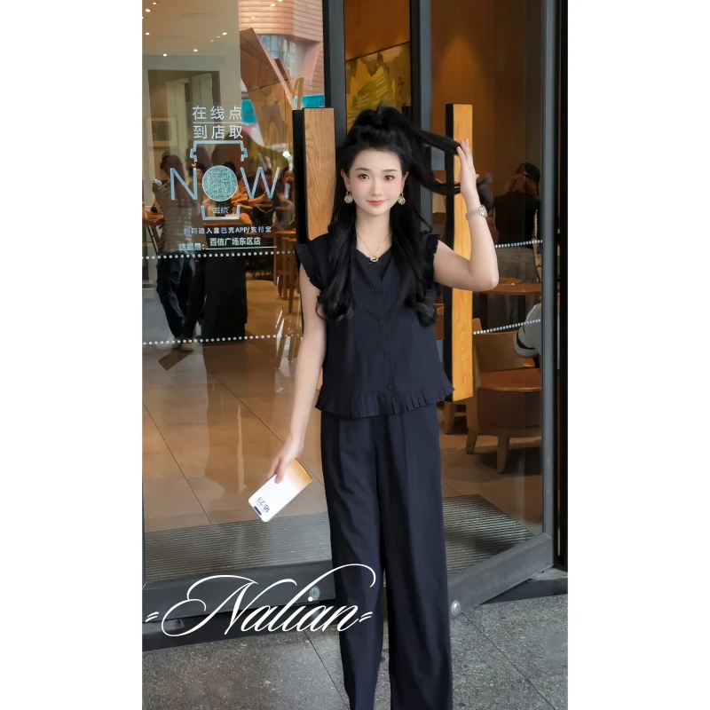 拿恋JGCGR5106#设计感木耳边无袖上衣休闲裤套两件5106
