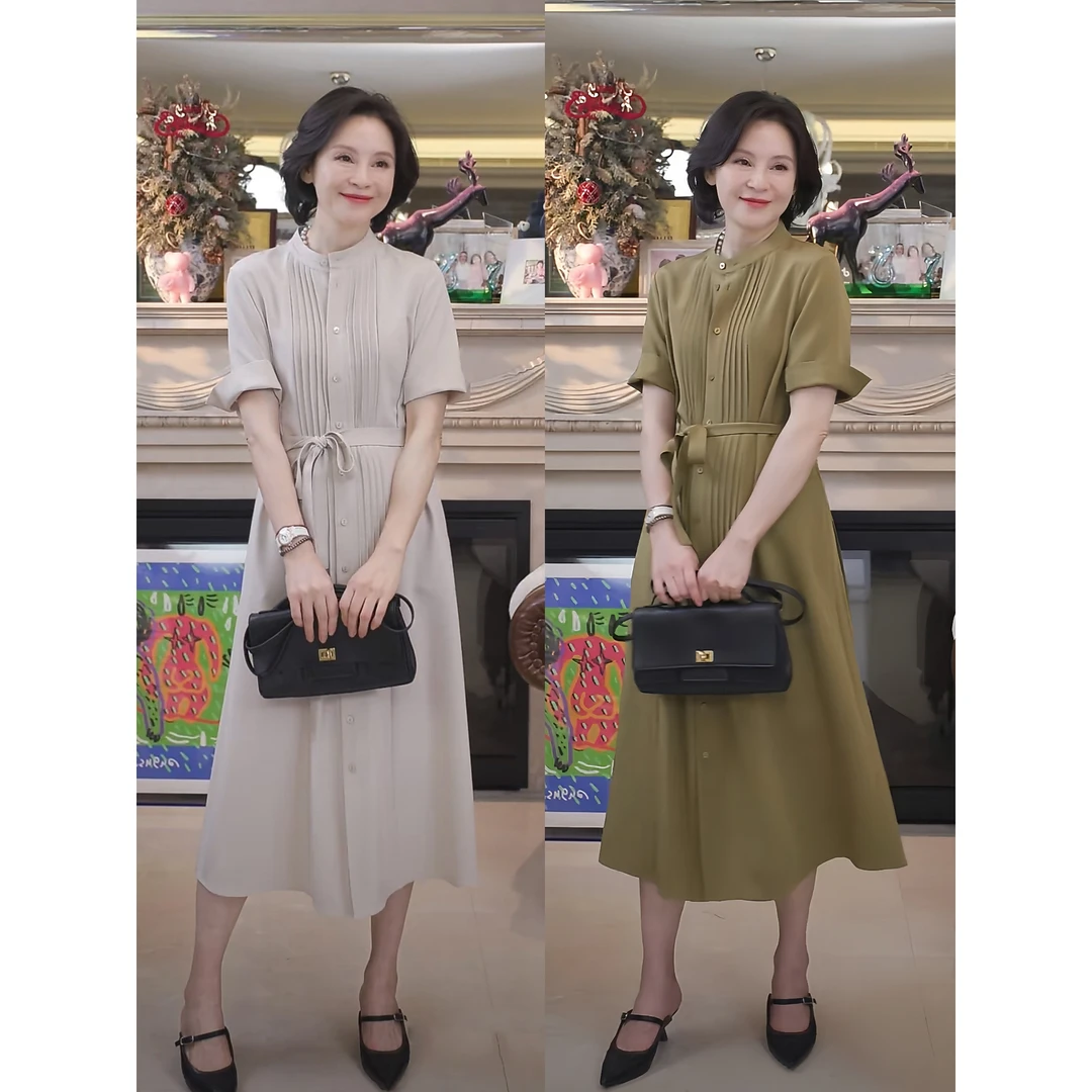 我是摩羯 黄金海岸 6A级桑蚕丝30mm弹力重绉小立领压褶夏连衣裙