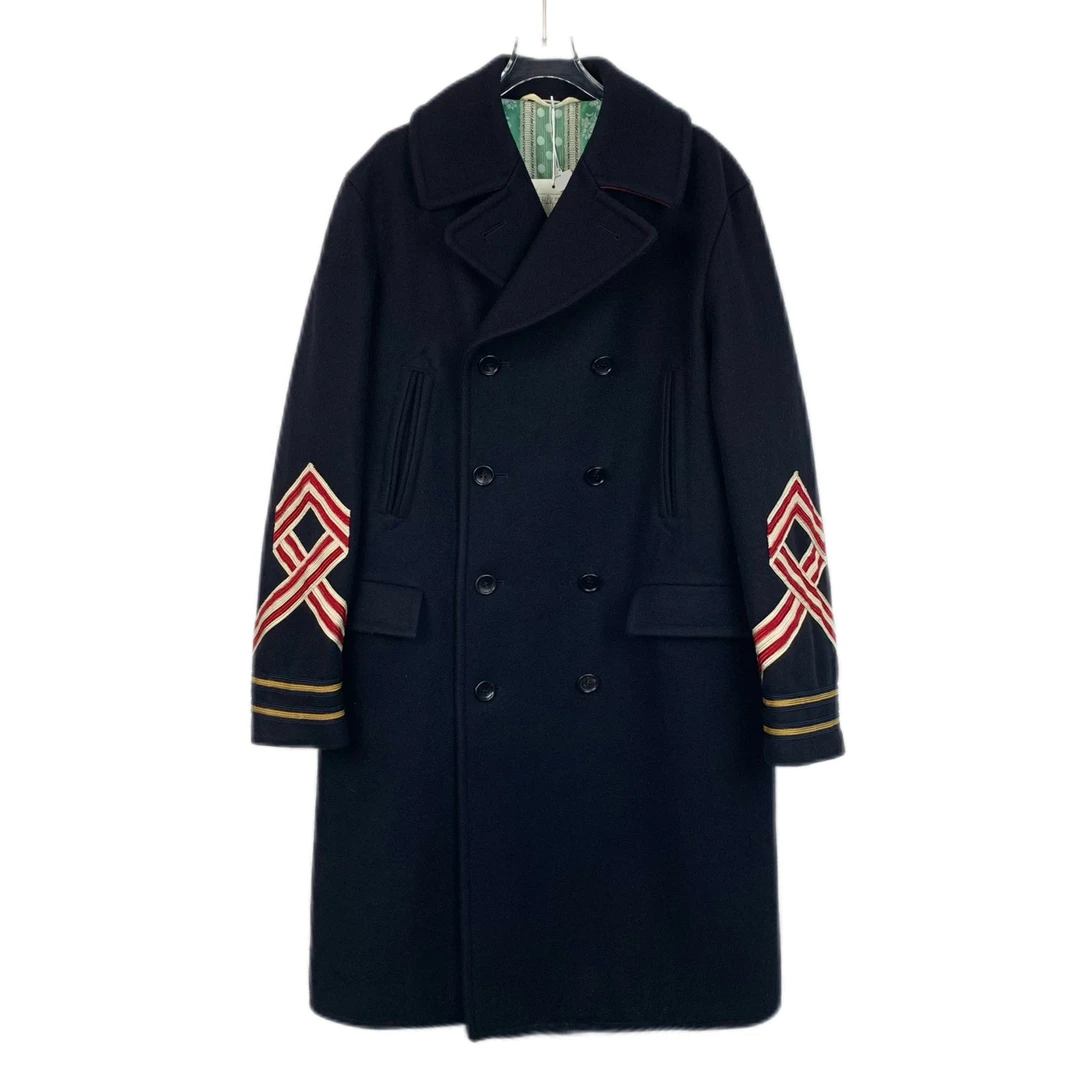 95新 GUCCI/古驰 H13094 黑色豹子刺绣羊毛双排扣大衣外套 50 L码