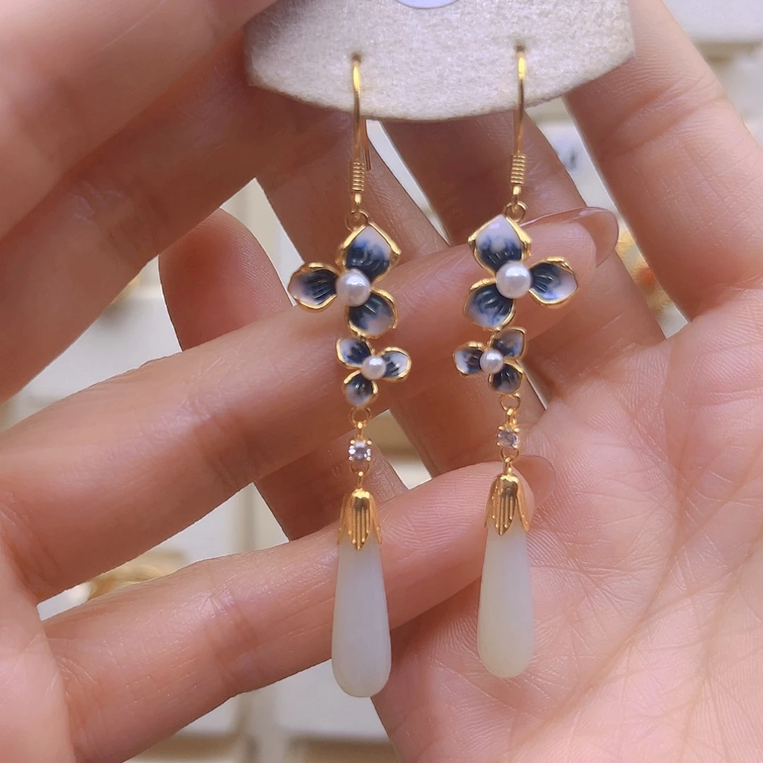 和田玉银S925镀金镶嵌耳饰