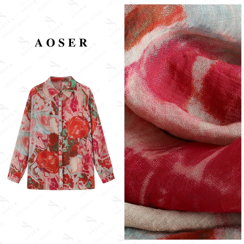 AOSER印花薄款极简风显瘦时尚百搭气质衬衫长袖女装1089