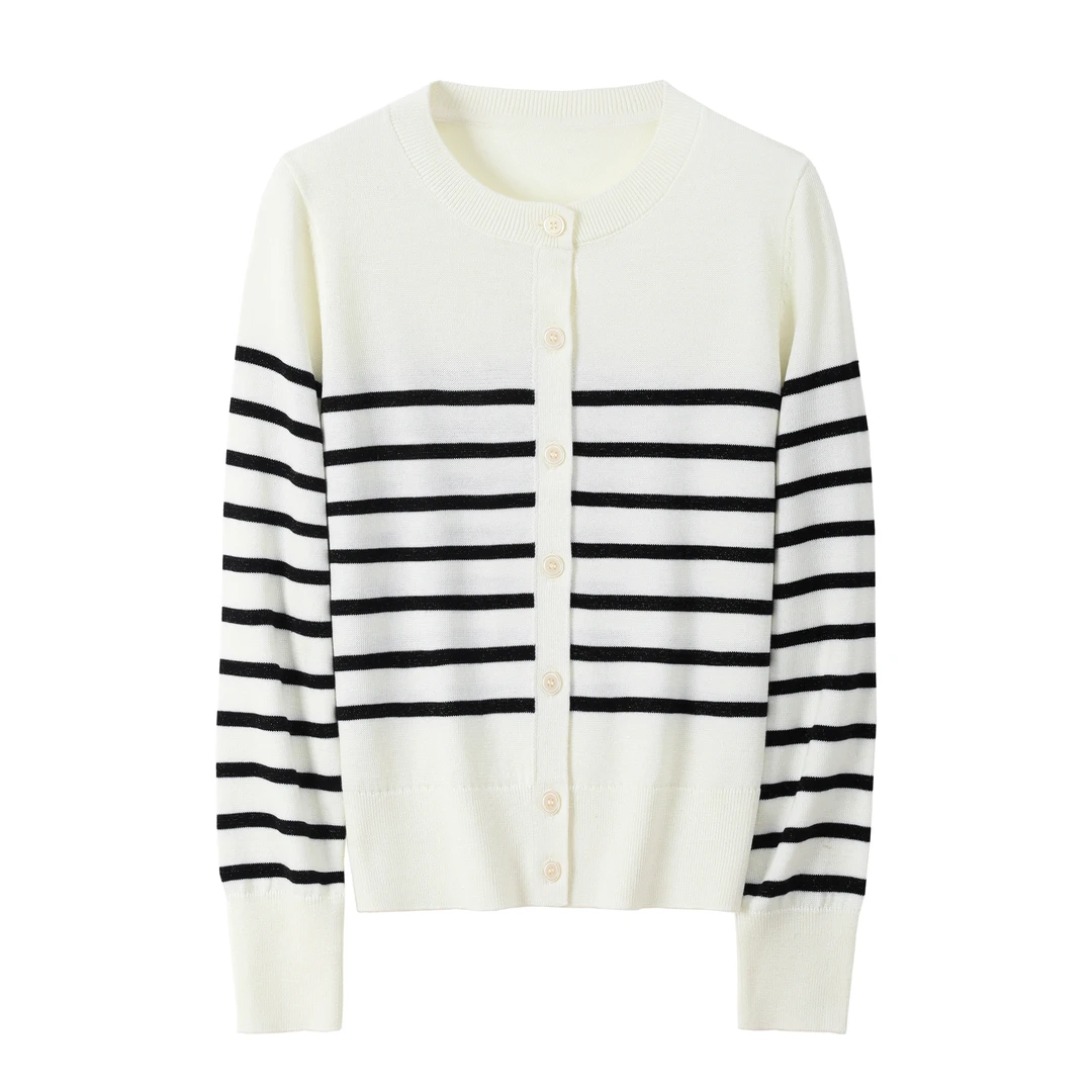 春季时尚法式撞色条纹开衫圆领针织长袖外套 KK519