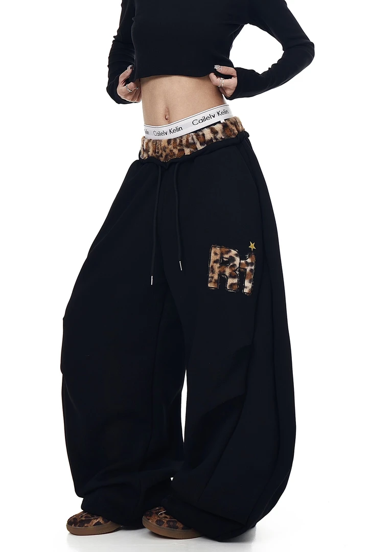 美式复古毛绒拼接豹纹弯刀卫裤女休闲设计感宽松嘻哈爵士舞阔腿裤