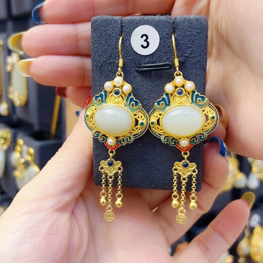 和田玉银S925镀金镶嵌耳饰