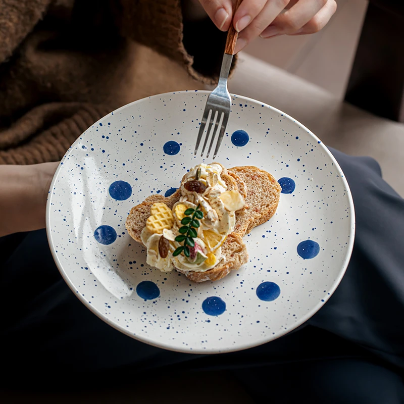 小悠家〖复古墨点盘〗8.5英寸陶瓷平盘高颜值甜品盘拍照盘子微瑕