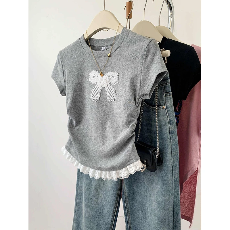 灰色蝴蝶结蕾丝短袖t恤女2025年夏季新款设计感正肩短款收腰上衣