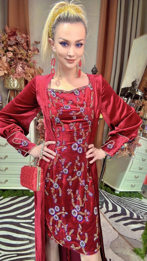 真丝钉珠绣花 丝绒新款两件套 礼服