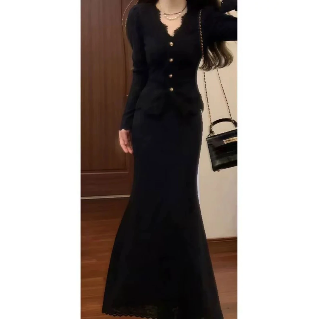 黑色韩女套装加厚蕾丝V领上衣&高腰鱼尾裙半身裙高级感收腰两件套