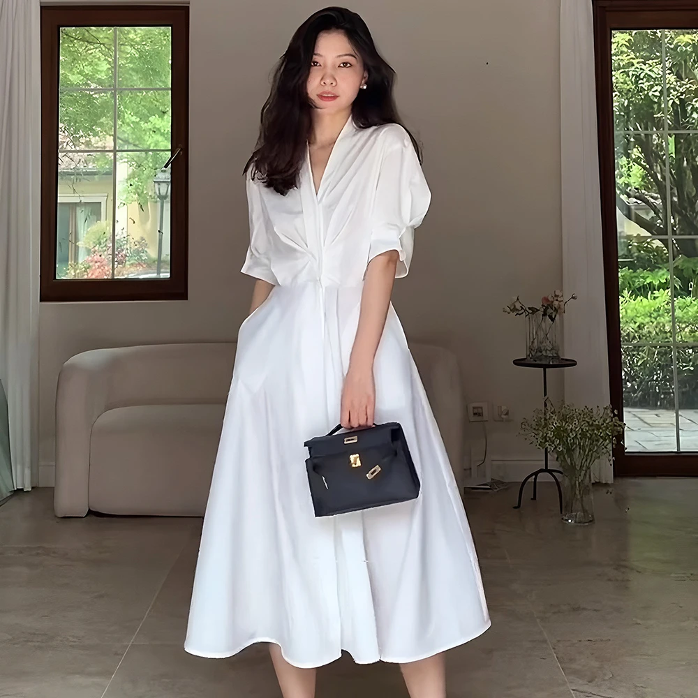 法式高级感白色衬衫连衣裙大码胖MM女夏季新款收腰气质女神范长裙