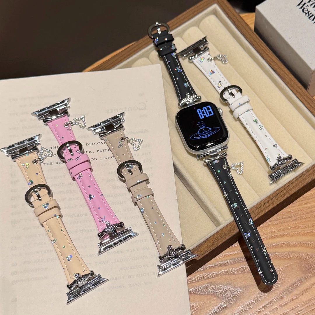 适用苹果手表iwatchS10新款夏7西太后S8爱心吊坠SE真皮S9表带女生