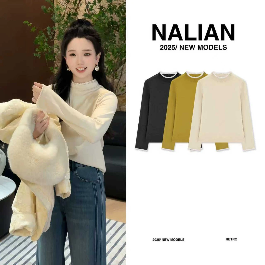 拿恋JGCDF67588#时尚立领加厚蕾丝花边打底上衣67588打底衫