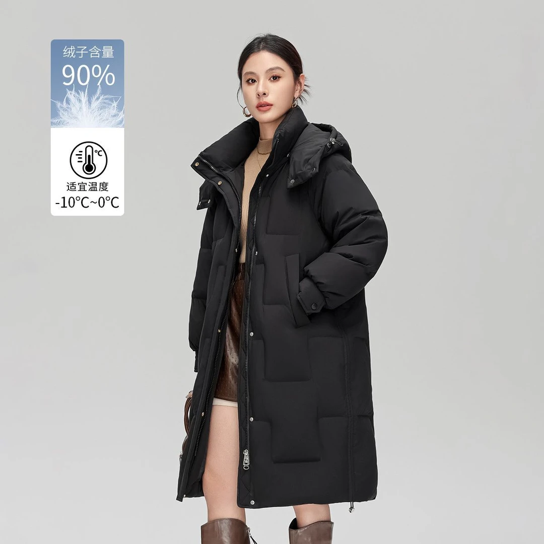 茵曼90鸭绒加厚保暖连帽羽绒服女2025年冬季舒适宽松中长款外套女