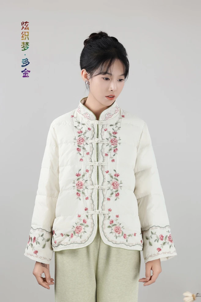 炫织梦多金24年新款对襟小碎花刺绣国风保暖短款90羽绒服