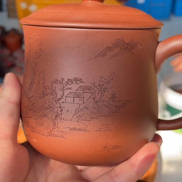 红泥茶壶红皮龙手工制作山水