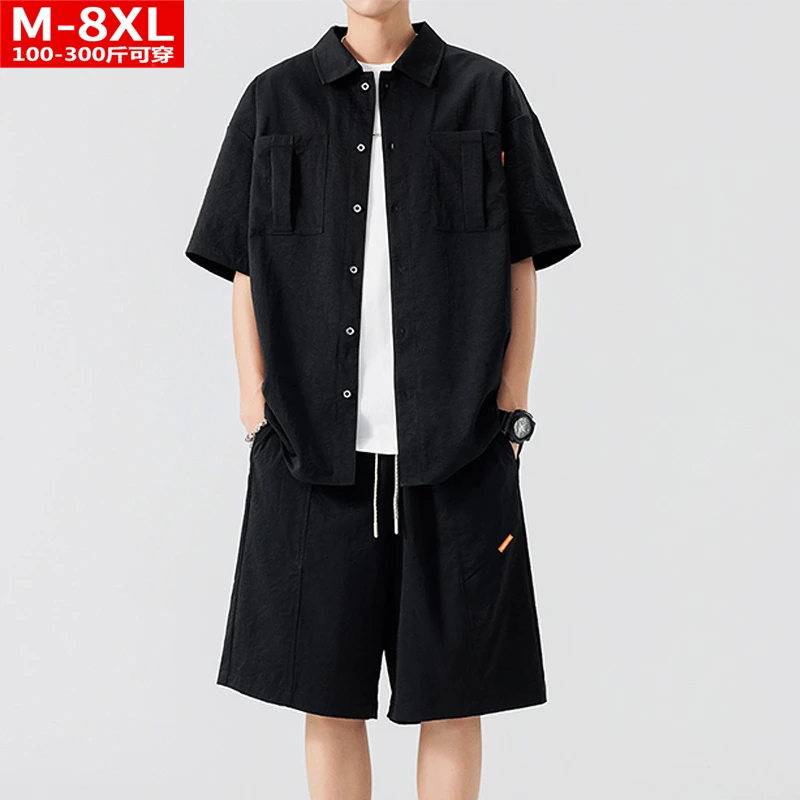 夏季港风潮男士方领贴袋短袖衬衫五分裤一套加肥大码宽松休闲套装