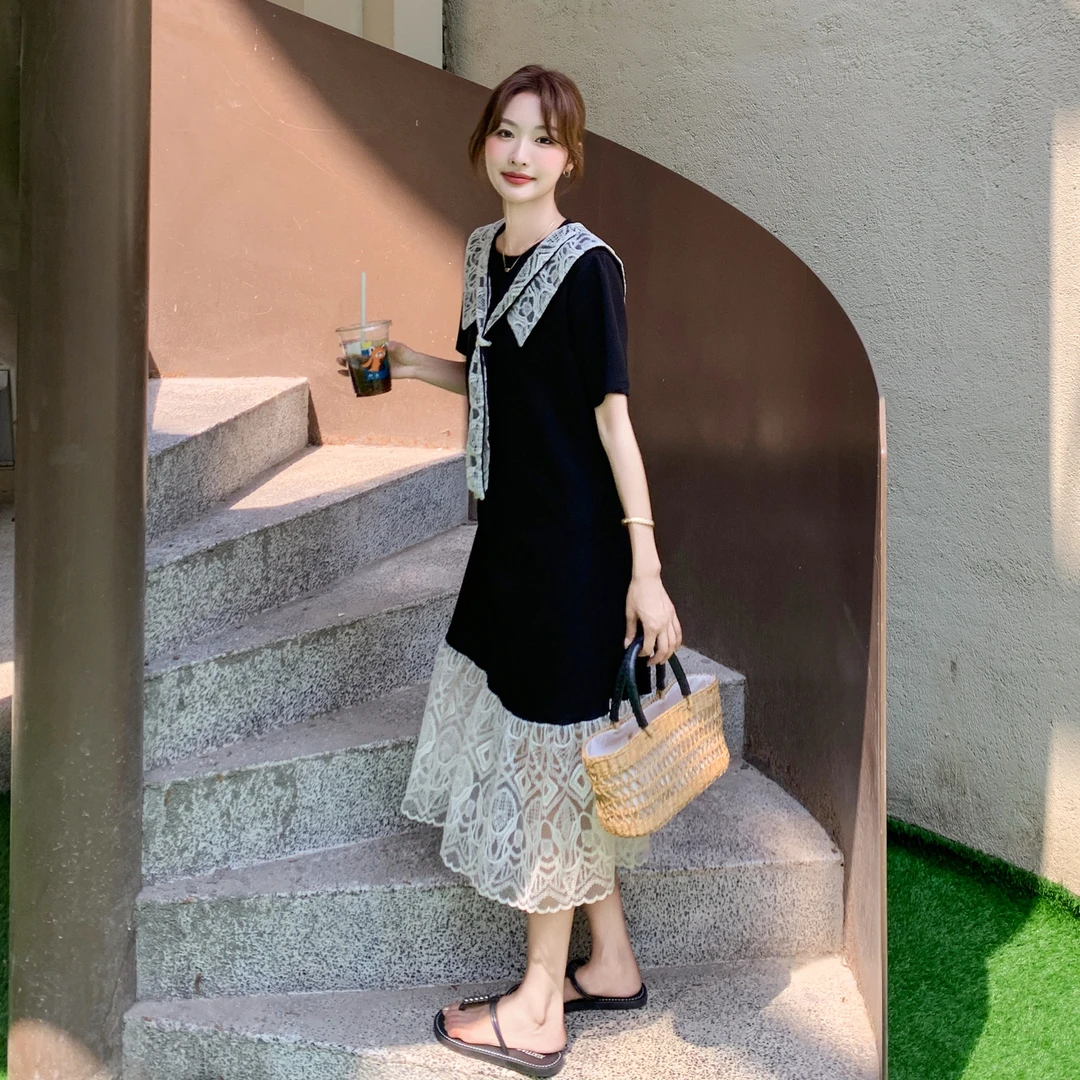 慵懒风黑色蕾丝拼接连衣裙女2025夏季新款设计感休闲宽松显瘦裙子