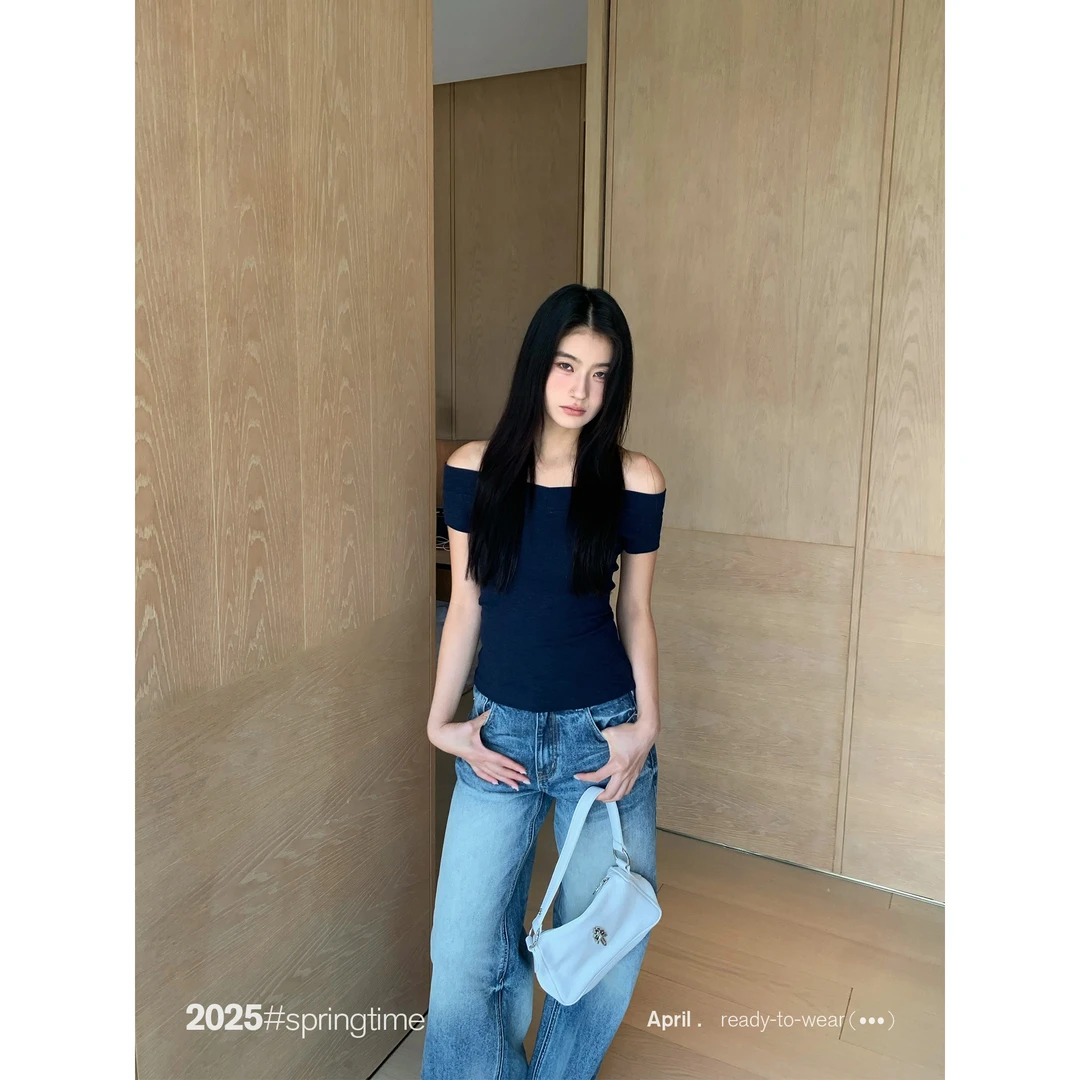 SUNONEONE 大V领插肩袖T恤女夏季修身显瘦小众短袖针织上衣H0960T