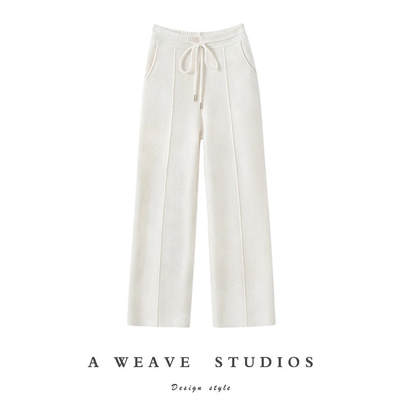 康家线100％纯山羊绒女阔腿裤竖条款四平加密直筒裤baby高端山羊绒