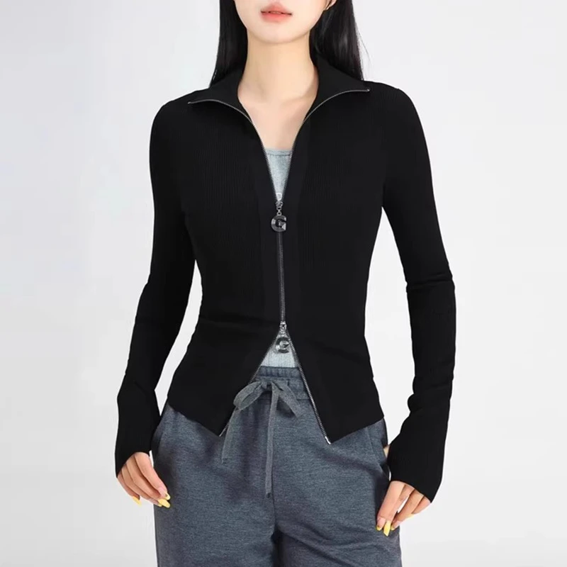 商场同款2025早春季新款时尚显瘦修身双拉链短款针织开衫外套女装