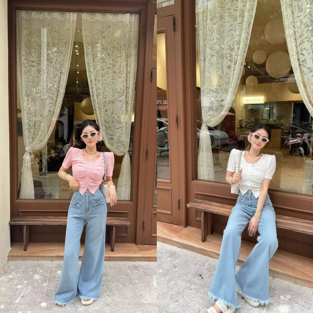 LIN-【山岛白茶】泡菜同款褶皱V领上衣➕蝴蝶结薄软牛仔直筒裤