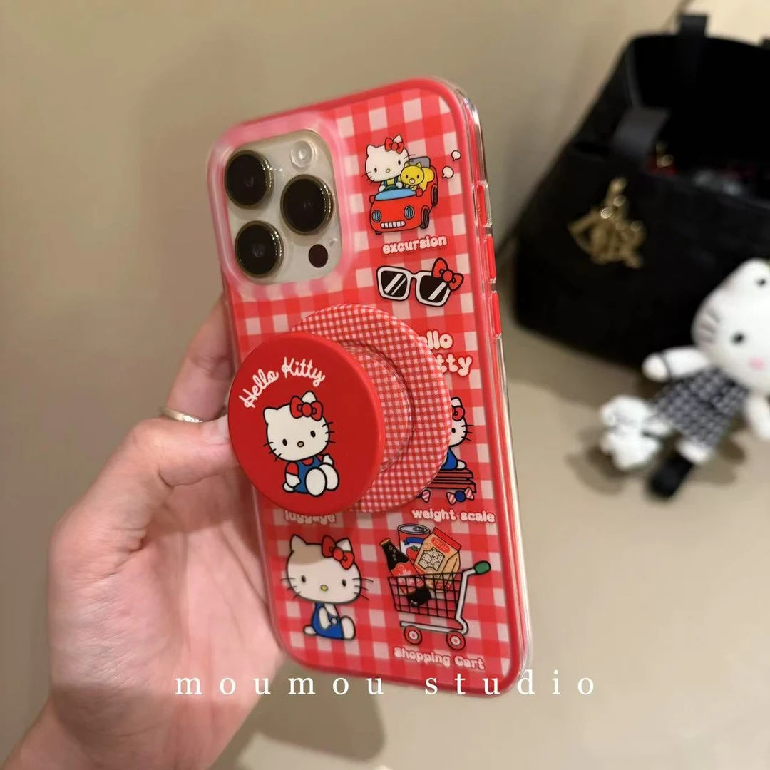 日韩红格纹卡通猫咪磁吸适用iPhone16promax苹果15手机壳14女支架
