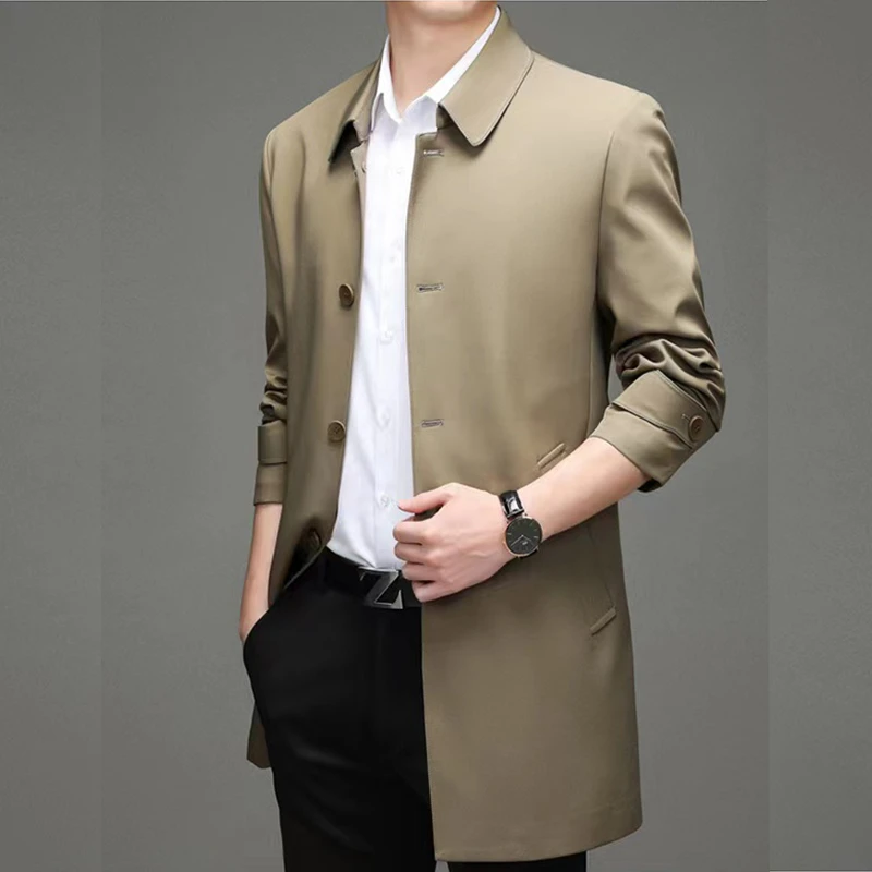男士风衣商务休闲外套新款翻领单排扣纯色中长款免烫面料2236