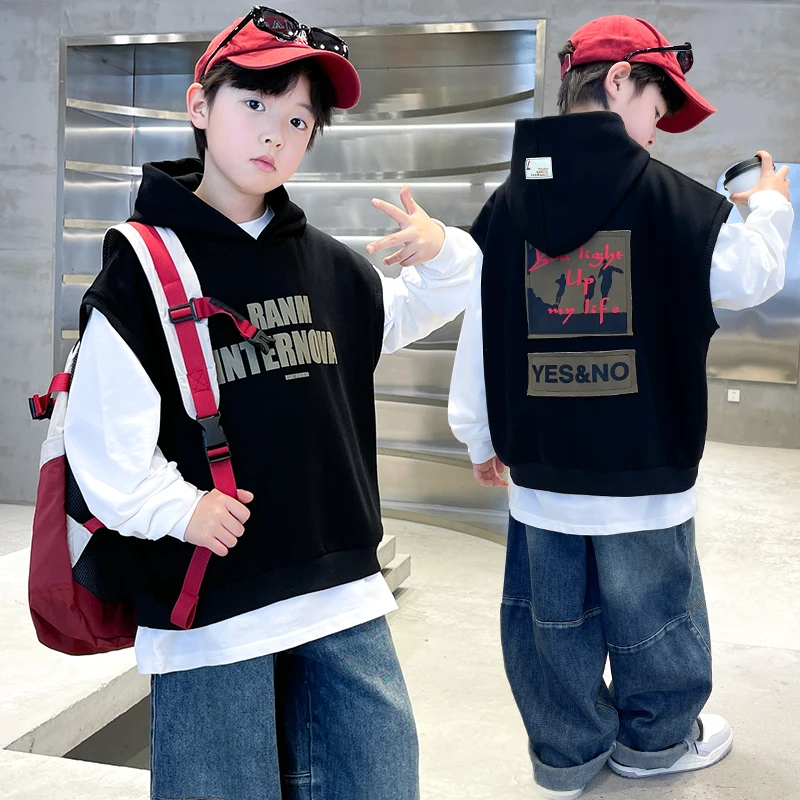 男童卫衣马甲两件套大码春秋儿童休闲洋气中大童连帽帅气男孩潮款