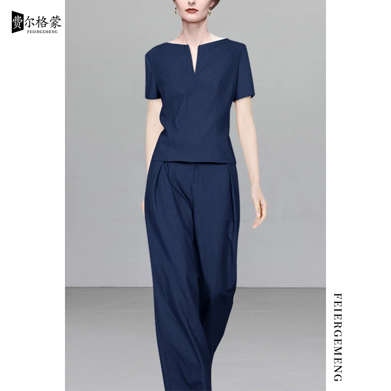 费尔格蒙短袖上衣阔腿裤套装女春夏季新款休闲气质洋气两件套蓝色