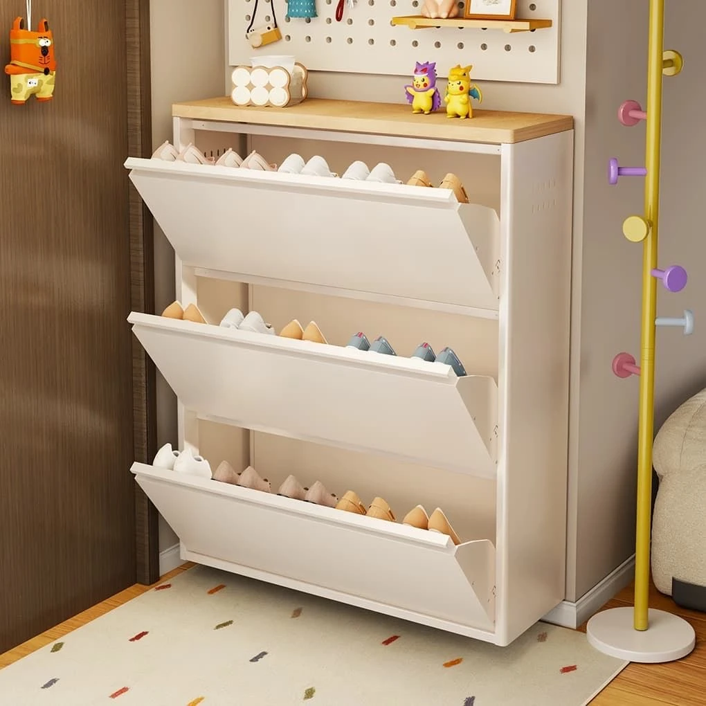 家用超薄鞋柜钢制奶油风入户极窄玄关柜收纳神器翻斗式省空间鞋架