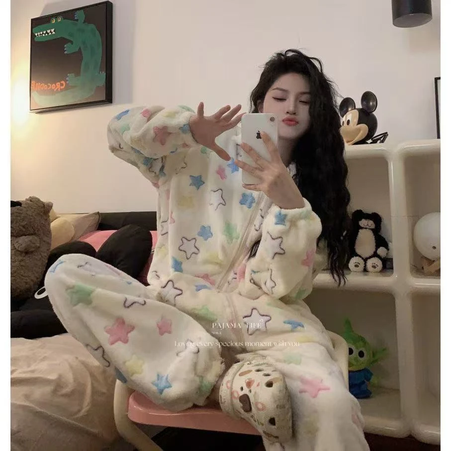 804#牛奶绒睡衣女冬季加绒加厚拉链满印星星家居服套装