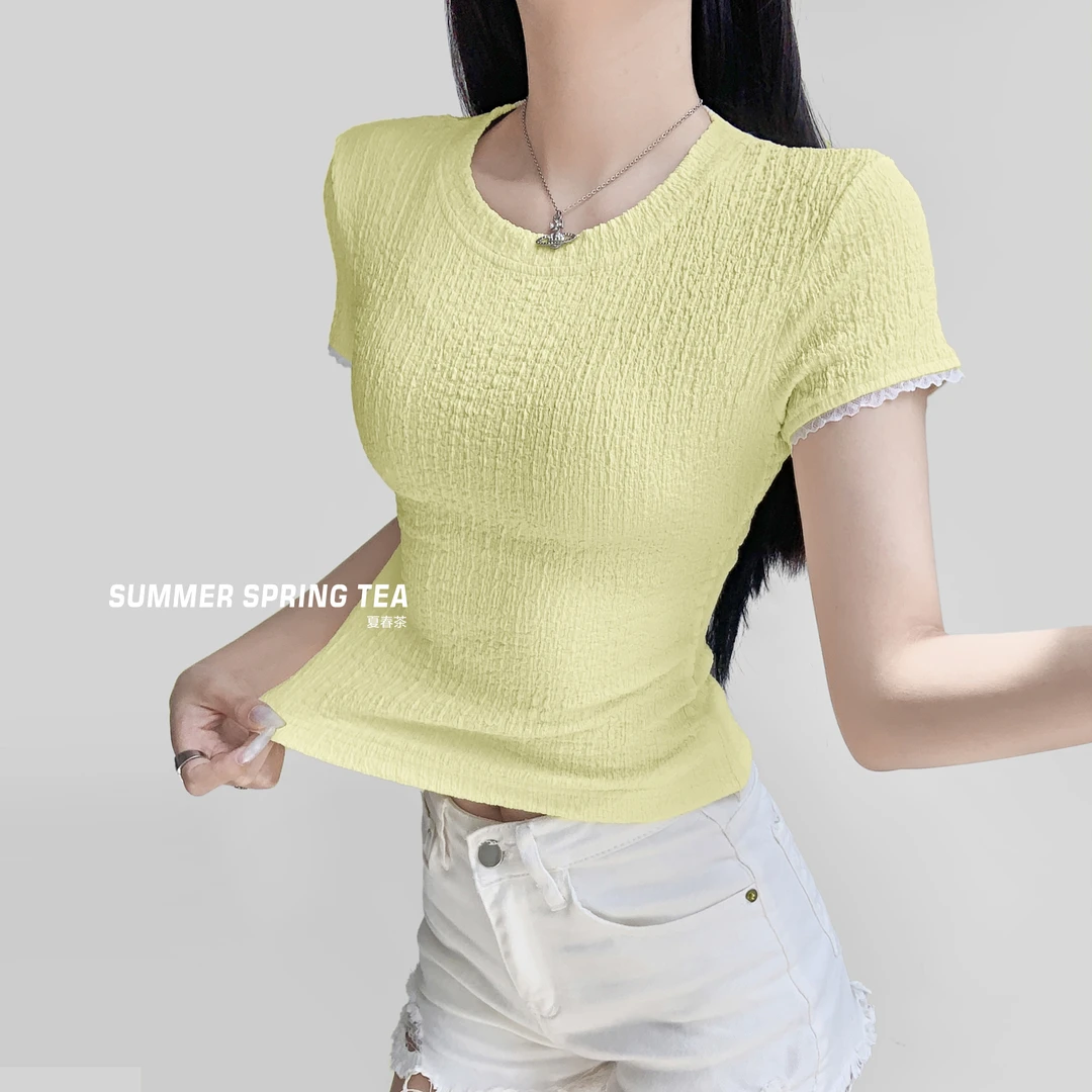 夏春茶ootd穿搭短袖女t恤2025新款夏季今年流行女装圆领打底衫薄