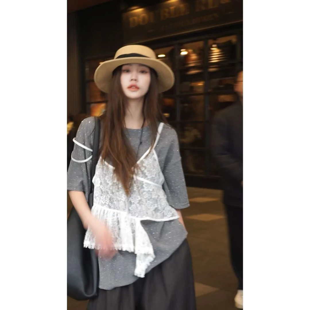 【蕾丝罩衫T恤】夏季新款叠穿层次感蕾丝罩衫T恤 ZZ251014